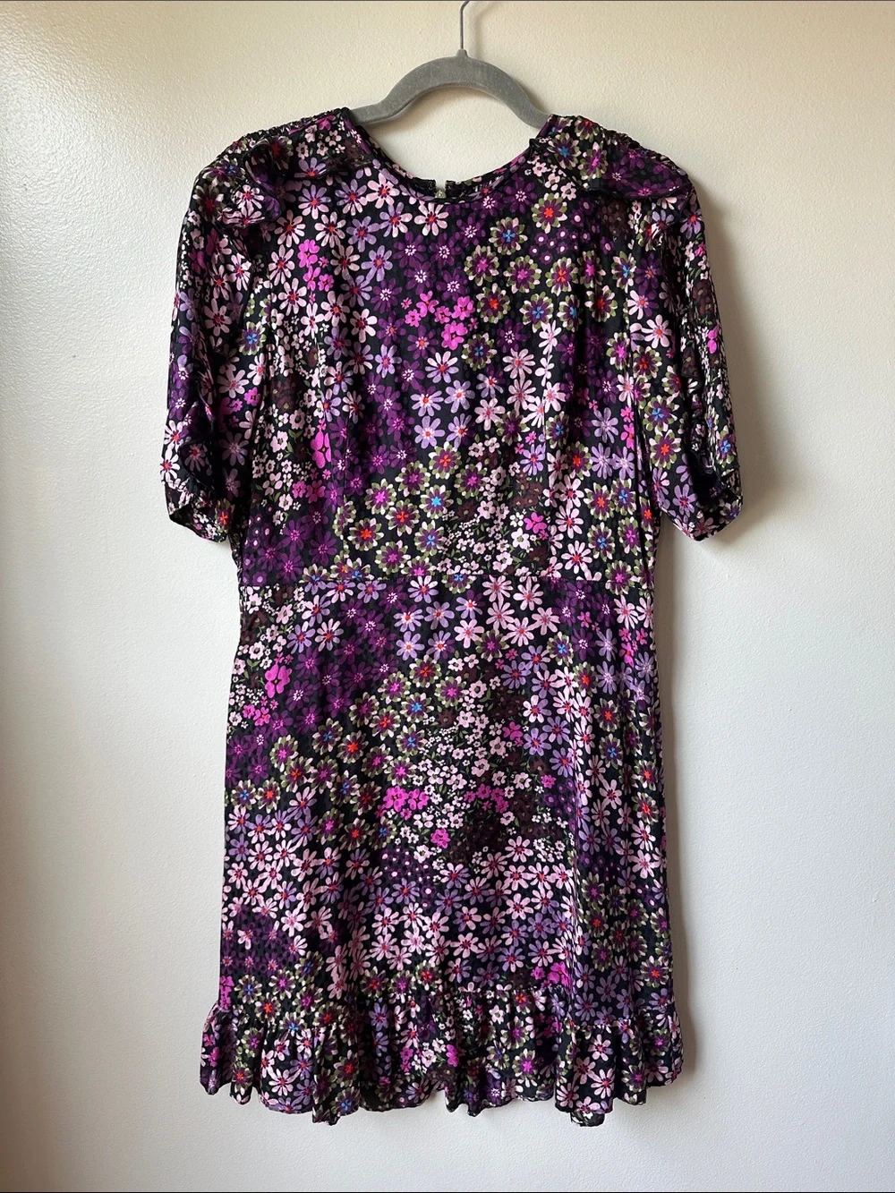 Kate Spade Purple Floral Ruffle Hem Mini Dress Puff Sleeve Size 10